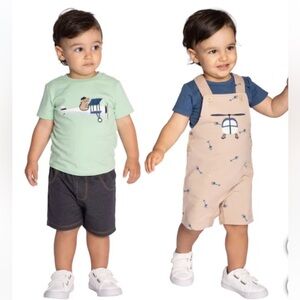 Pekkle Mint Green Tee and Beige Overalls 4 piece Set